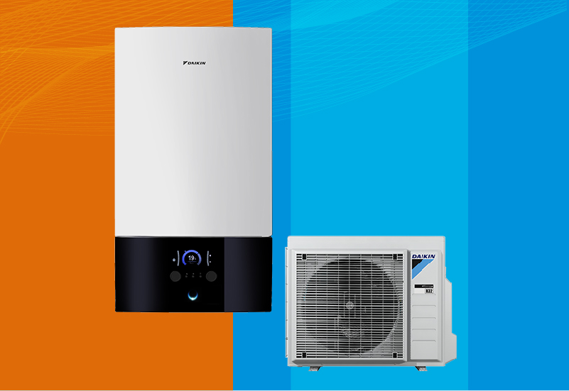 Daikin Altherma 3 R W low-temperature air-to-water heat pump indoor wall-mounted unit and outdoor unit image